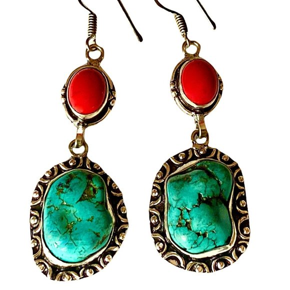 Handmade Jewelry - Handmade Turquoise & Coral 925 Stamped Earrings